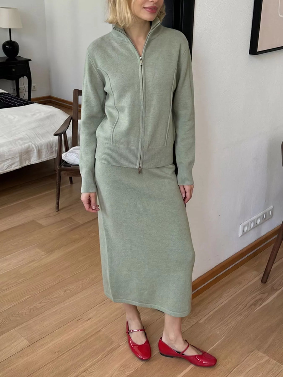 Zip-Up Mock Neck Cardigan and Matching Midi Skirt Sweater Set  Shop One Place