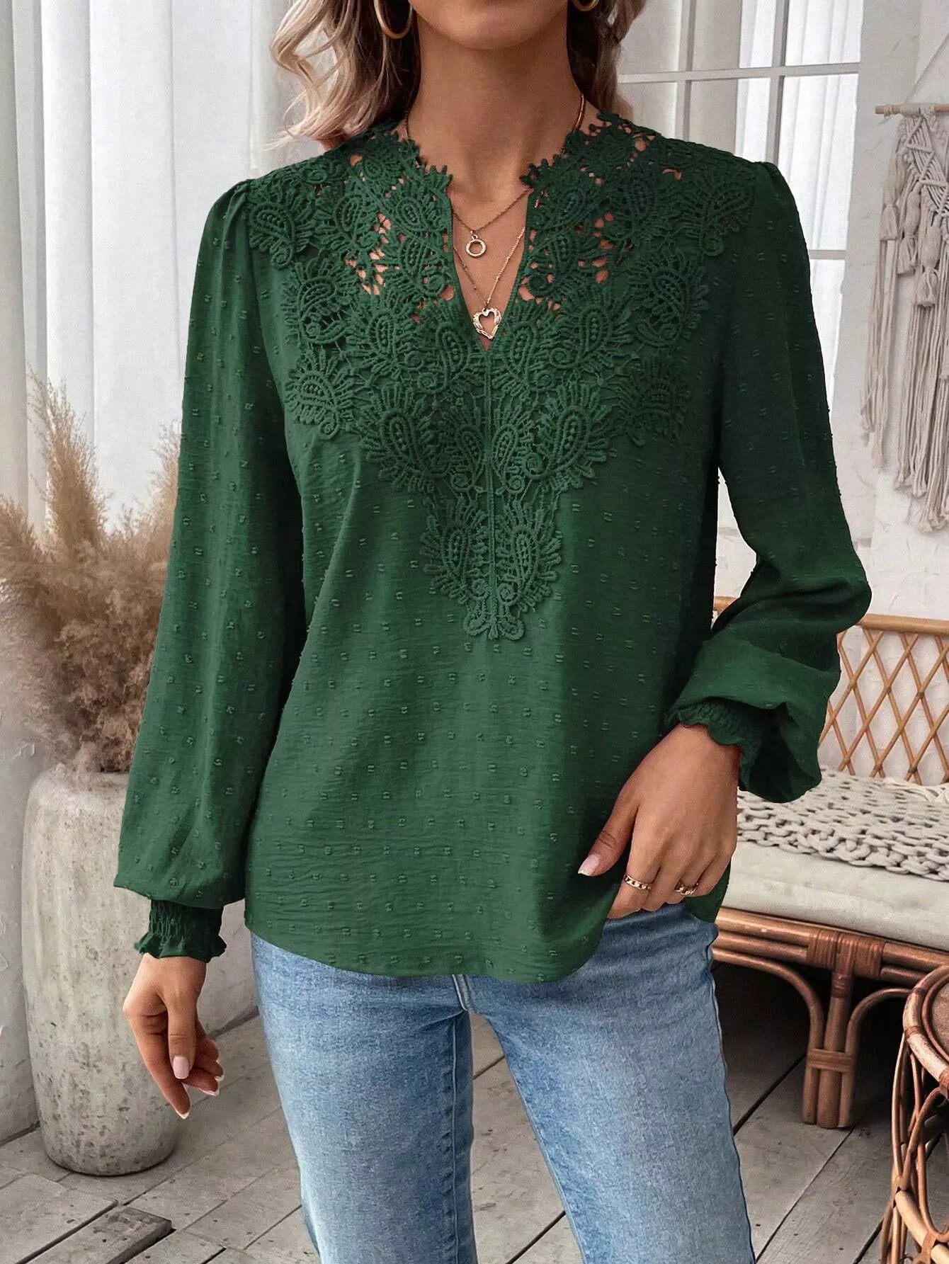Swiss Dot Lace Detail Long Sleeve Blouse  Shop One Place