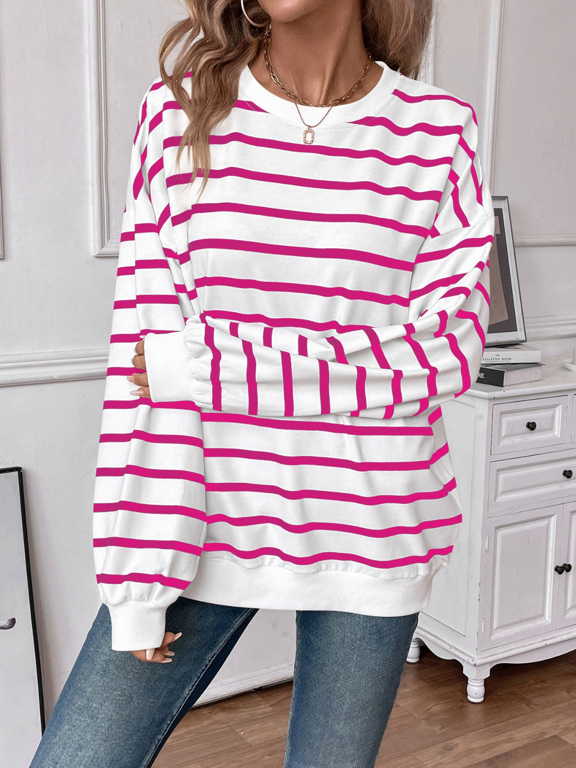 Lovelet Striped Round Neck Long Sleeve Sweatshirt