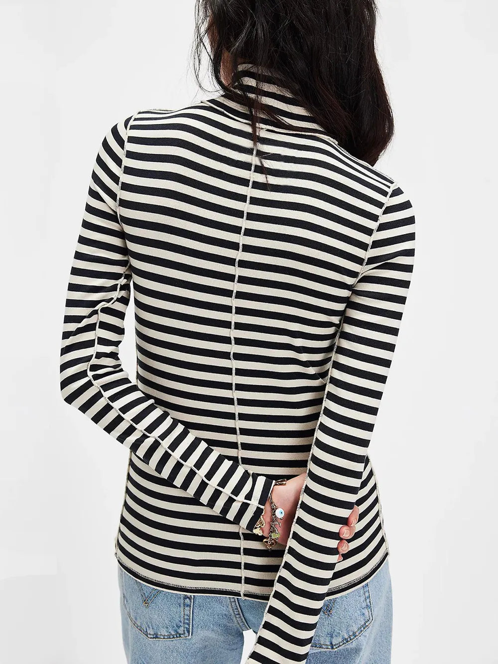 Exposed Seam Striped Turtleneck Long Sleeve T-Shirt  Shop One Place