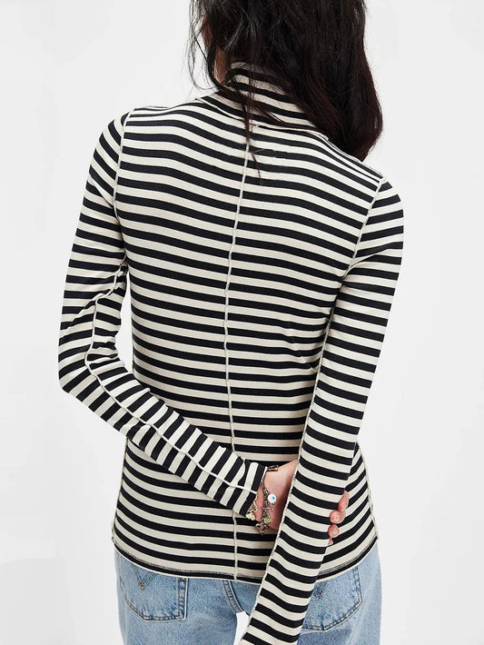 Exposed Seam Striped Turtleneck Long Sleeve T-Shirt  Shop One Place