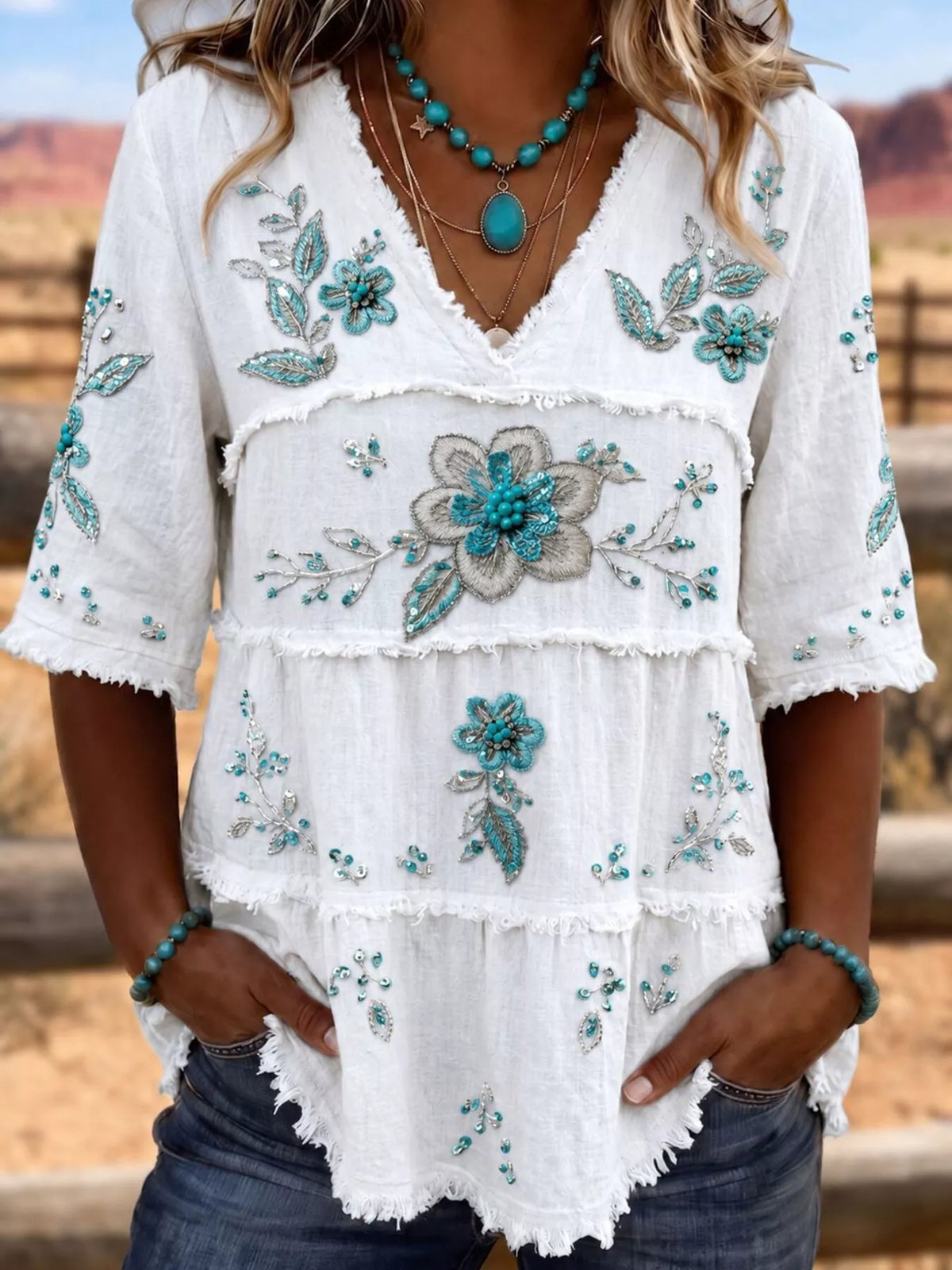 Full Size Floral Raw Hem V-Neck Blouse Plus Size  Shop One Place