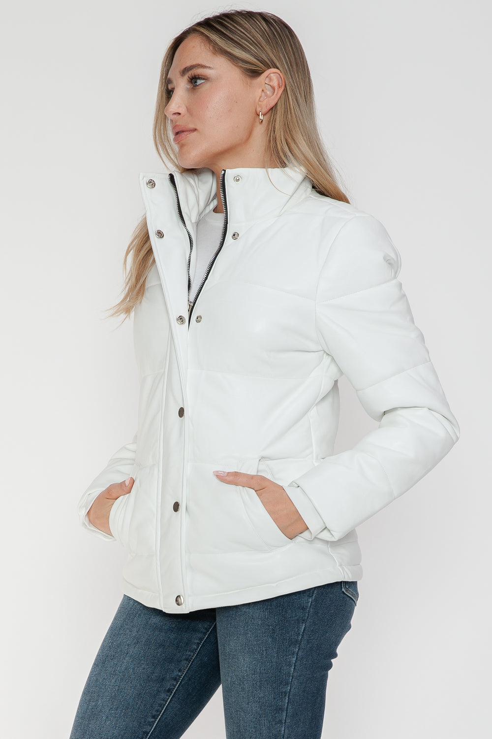 White YMI Pocketed Zip Up Turtleneck Puffer Jacket