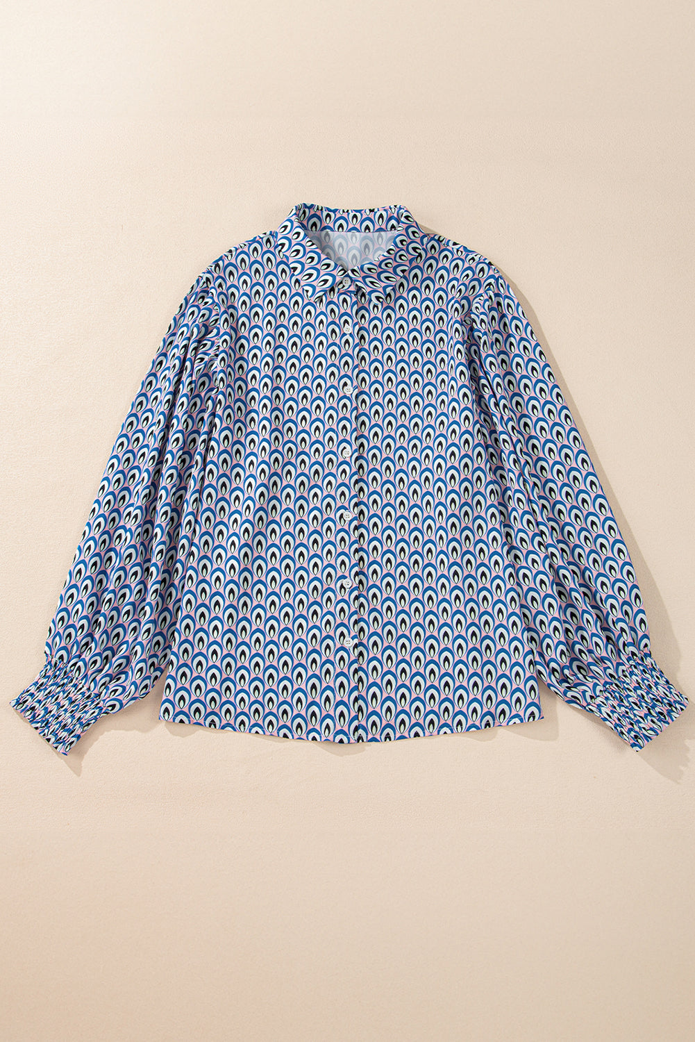 Sky Blue Abstract Print Collared Lantern Sleeve Shirt