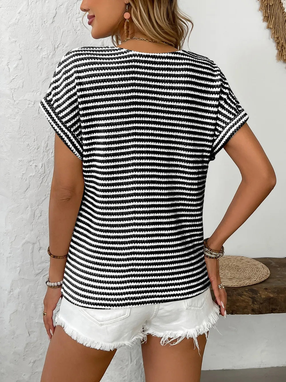 Striped V-Neck Short Sleeve T-Shirt  Shop One Place