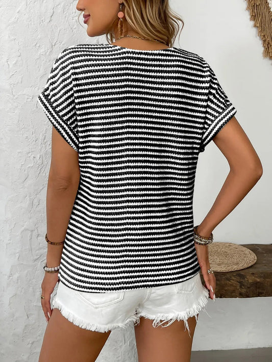 Striped V-Neck Short Sleeve T-Shirt  Shop One Place