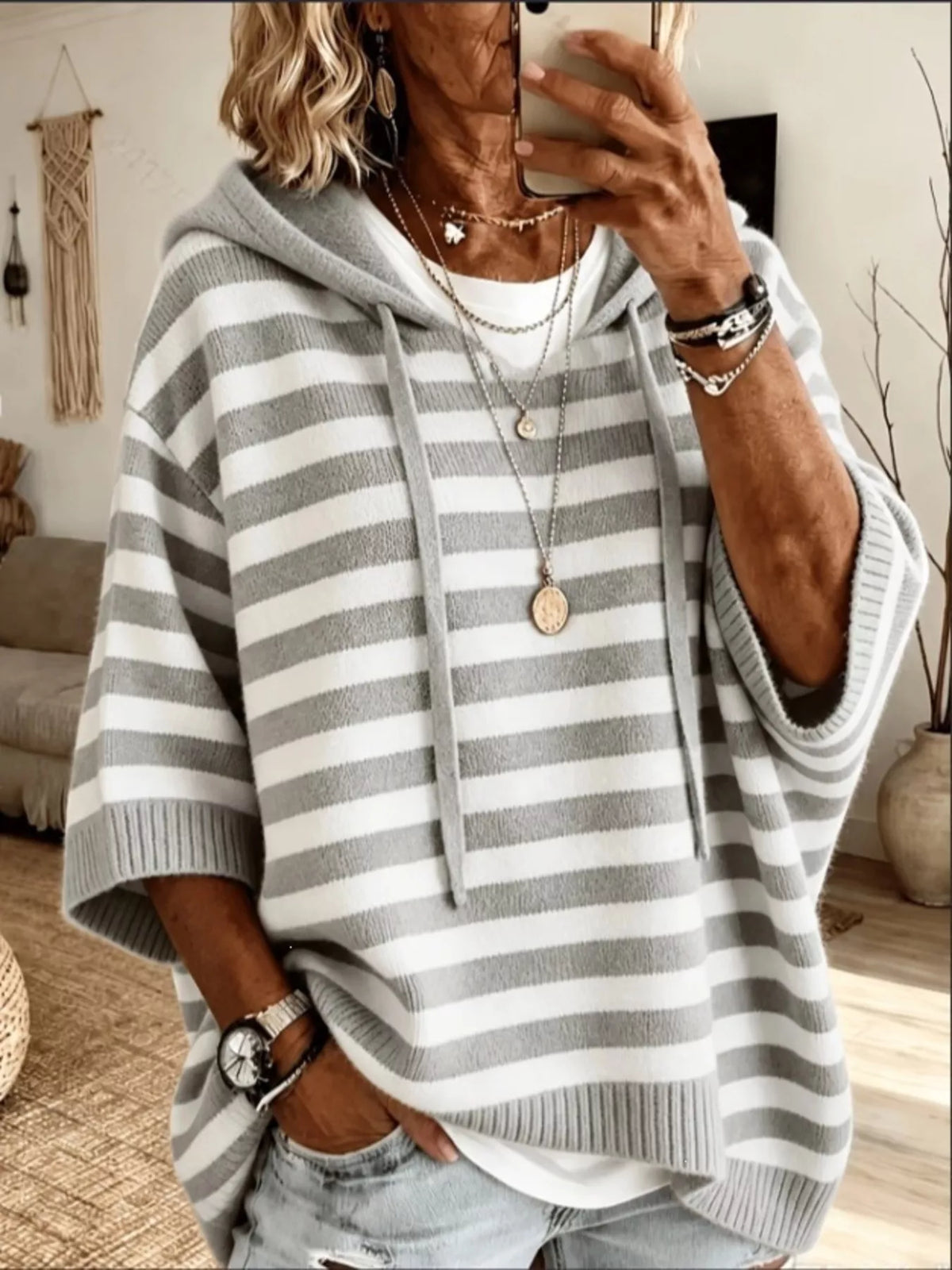 Striped Hooded Knit Sweater in Multicolor
