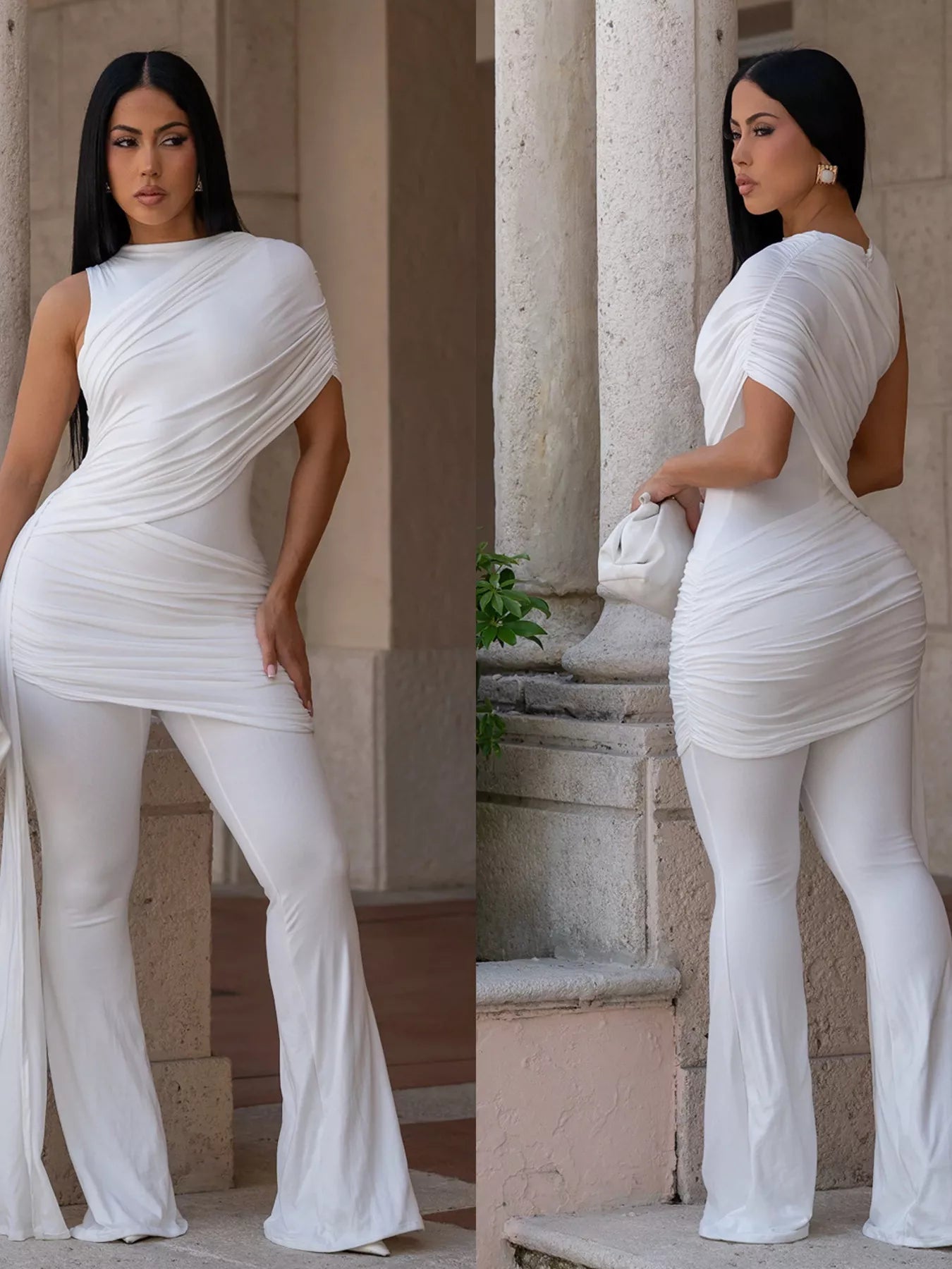 Ruched One-Shoulder Flare Leg Jumpsuit  Shop One Place