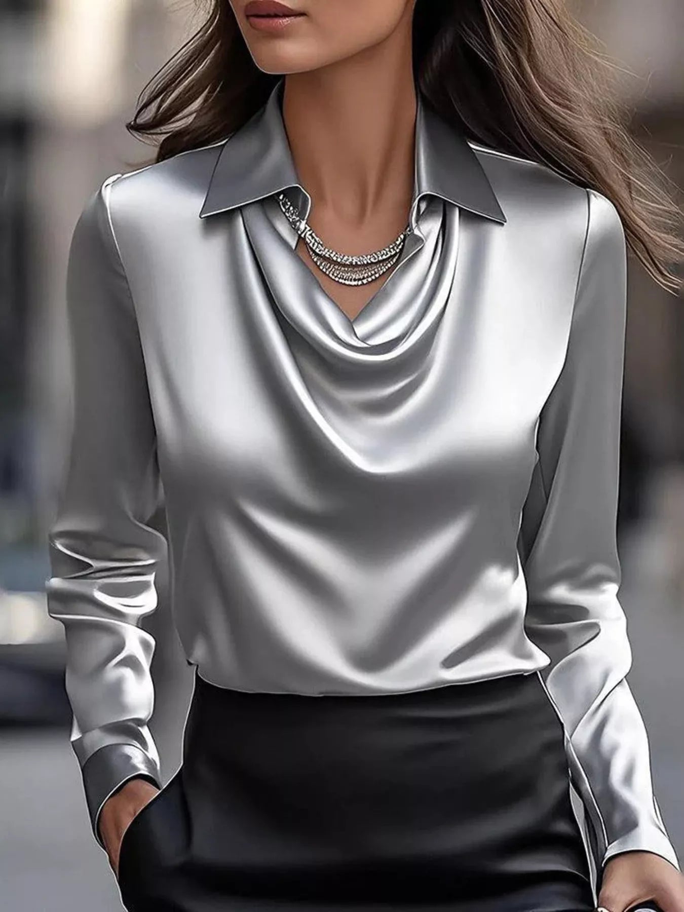 Ruched Long Sleeve Drape Collar Blouse  Shop One Place