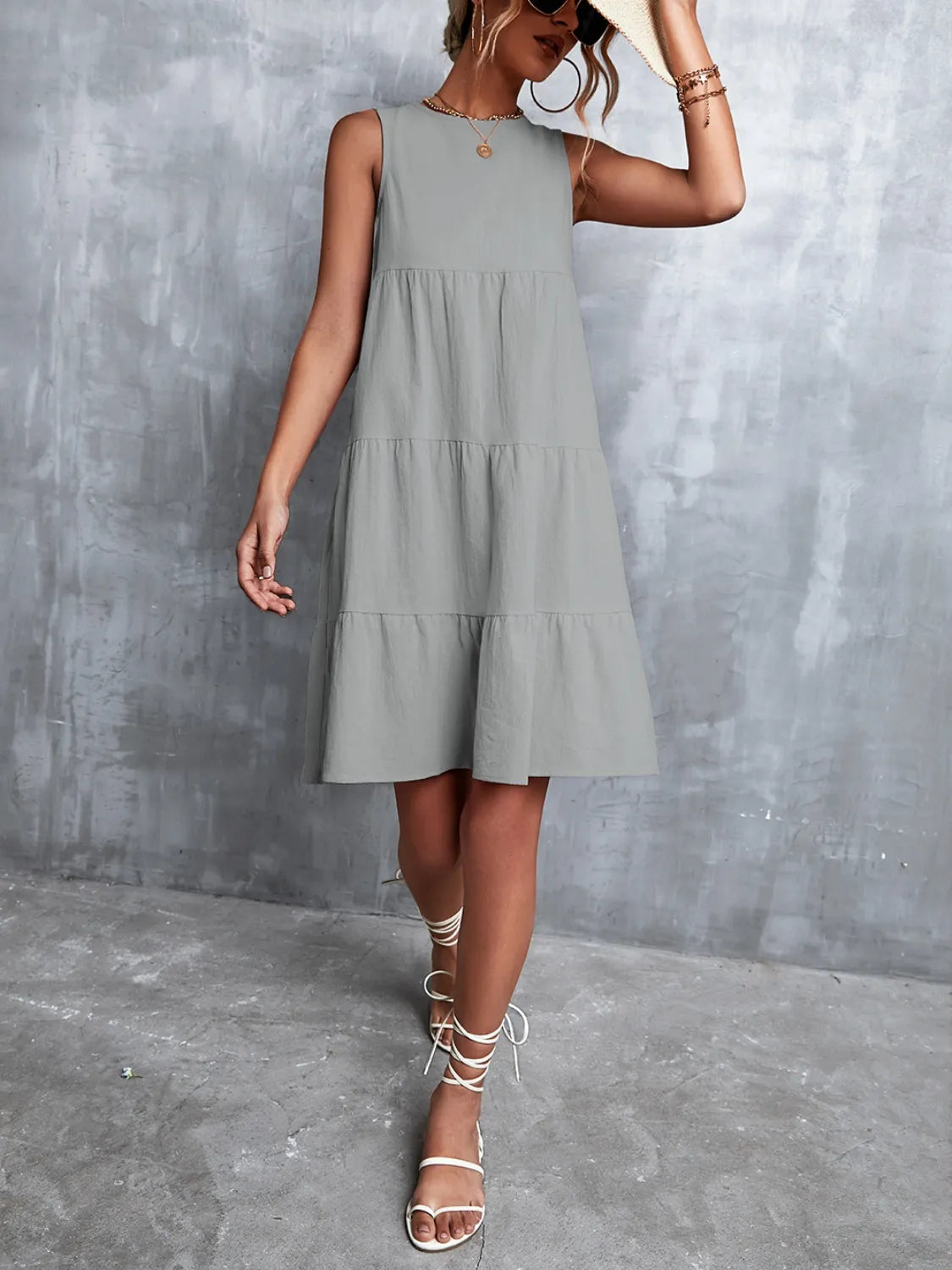 Tiered Round Neck Sleeveless Mini Tank Dress  Shop One Place