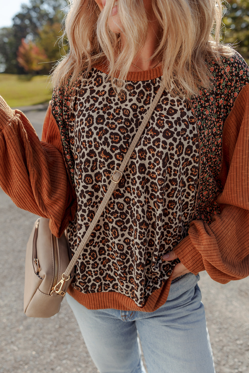 Brown Leopard Floral Print Ribbed Patchwork Puff Sleeve Loose Pullover  Shop One Place