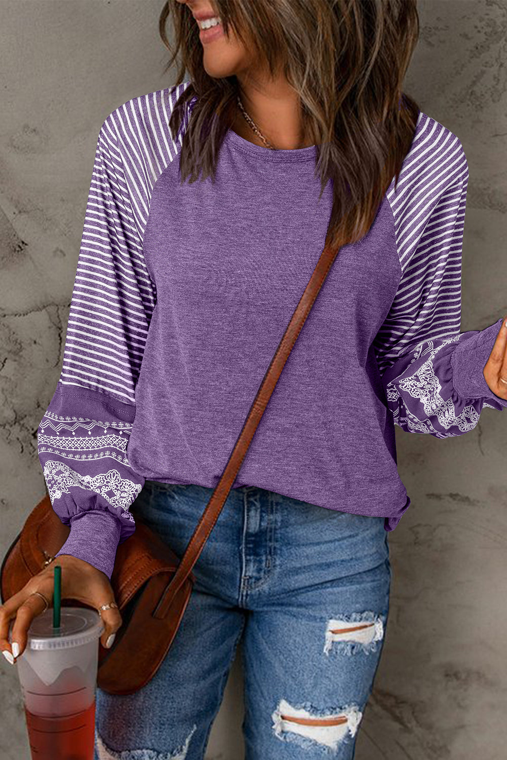 Contrast Print Striped Raglan Long Sleeve Loose Top  Shop One Place