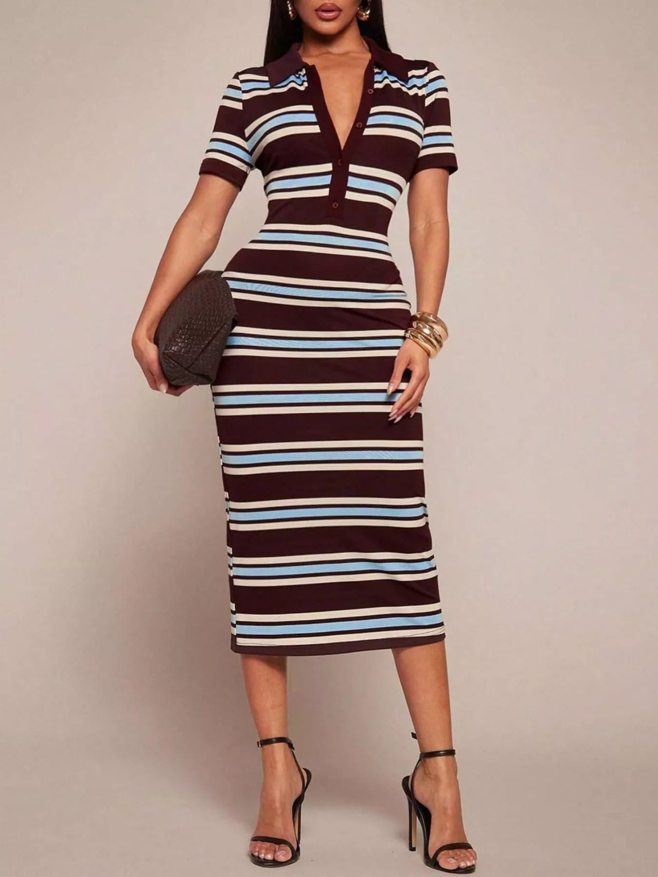 Striped Polo Collar Midi Dress  Shop One Place