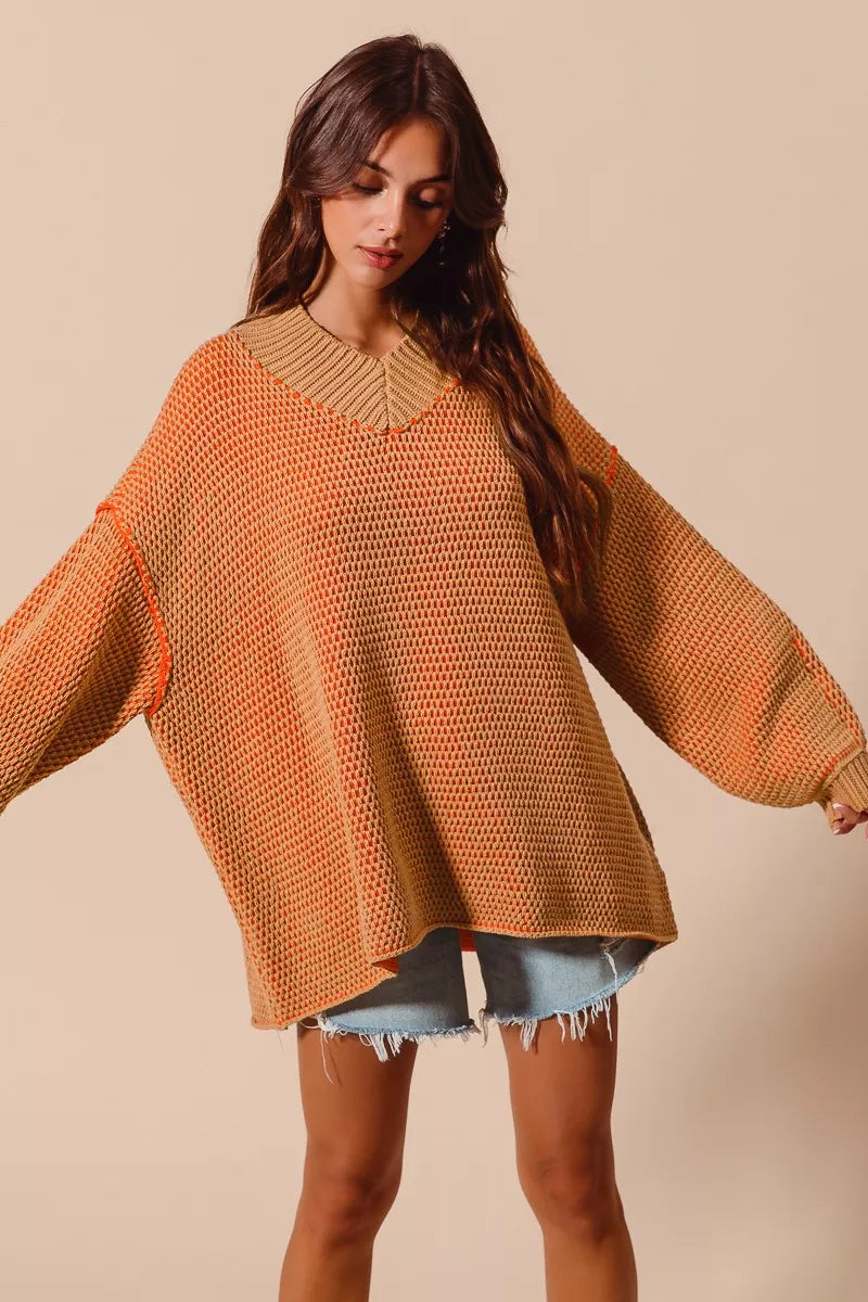 SO ME Oversized Two Tone Textured V Neck Sweater  Shop One Place