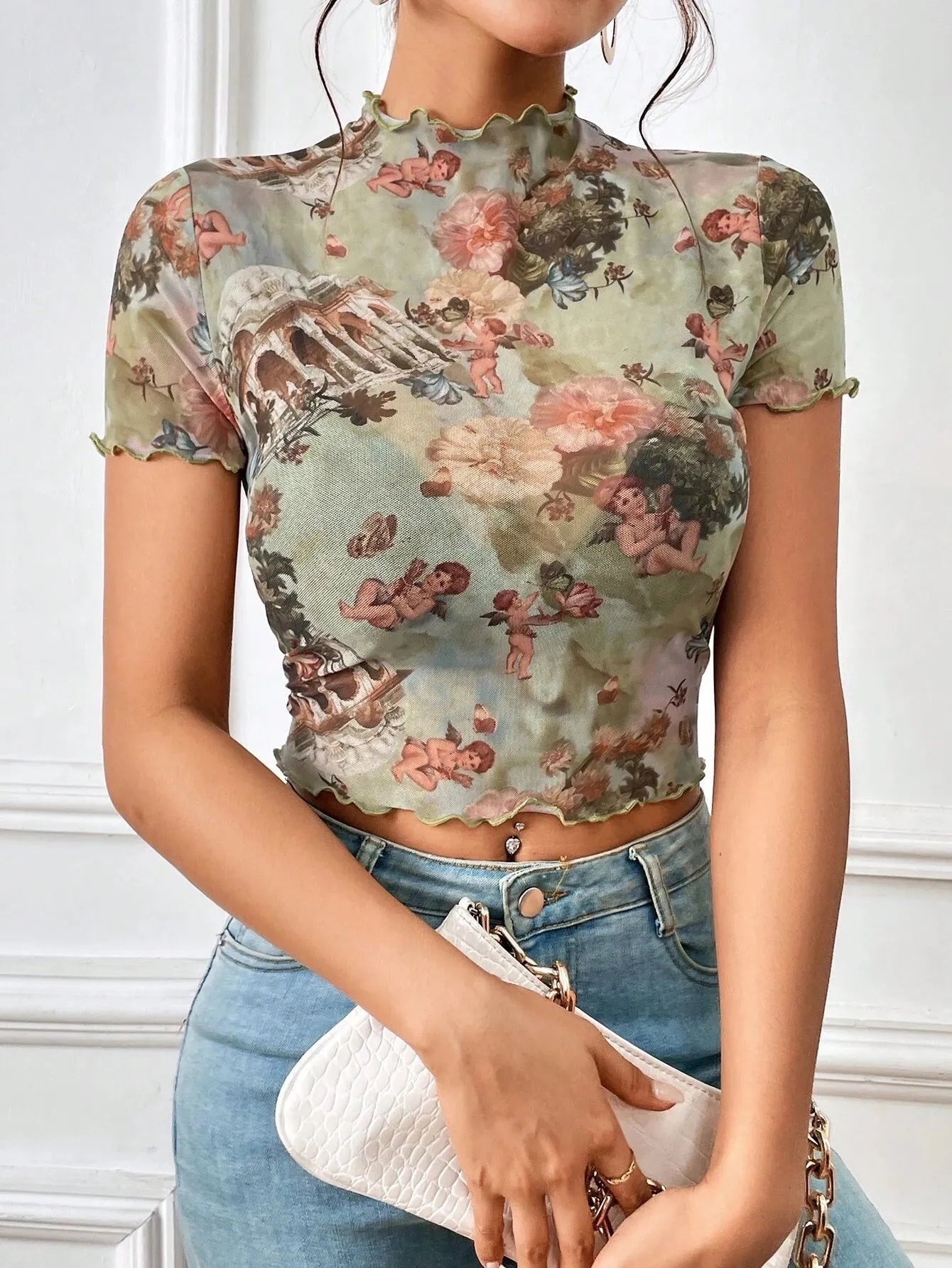 Abstract Print Ruffled Mock Neck Crop T-Shirt  Shop One Place
