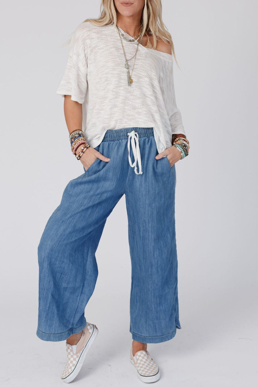 Sky Blue Drawstring Waist Loose Wide Leg Pants