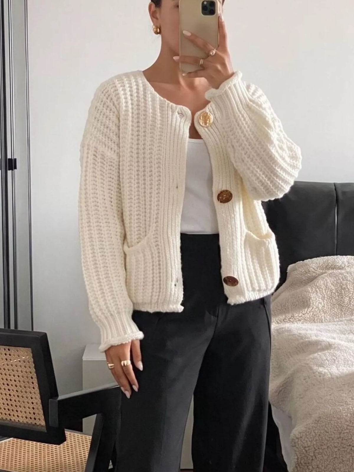Ribbed Knit Cardigan with Gold-Tone Buttons  Shop One Place