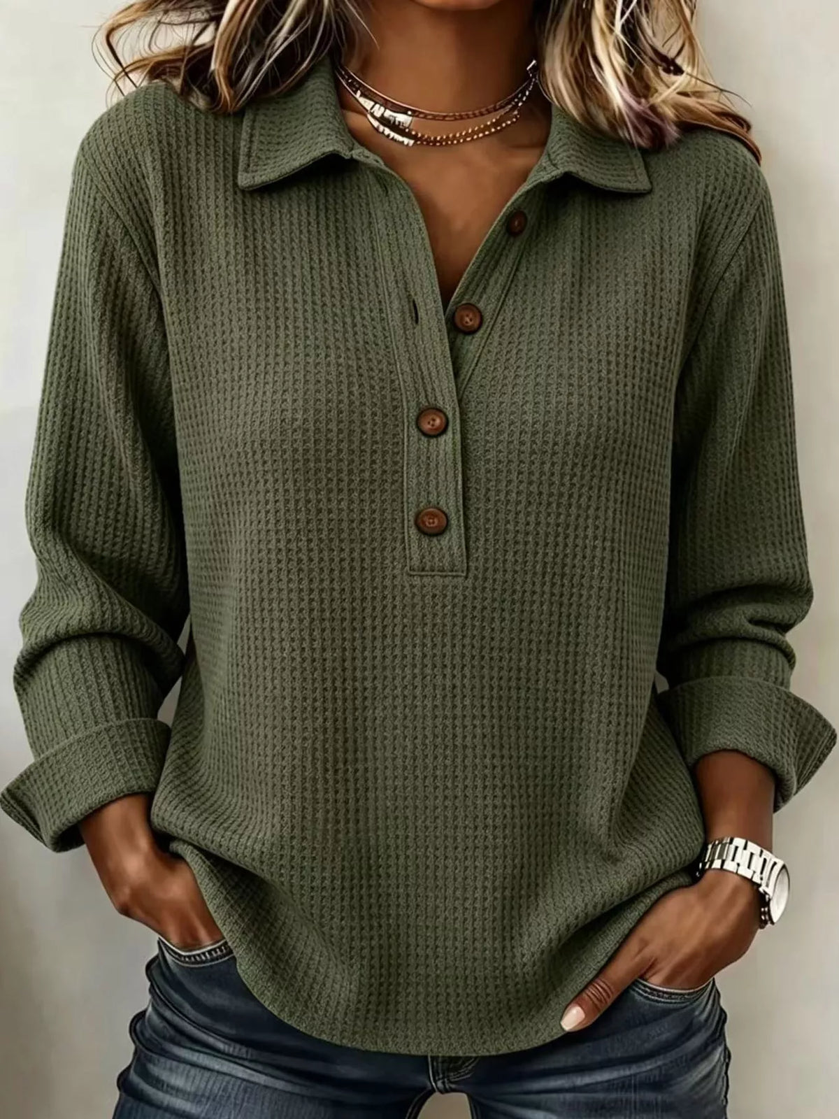 Women's Waffle Knit Long Sleeve Polo Top – view 27