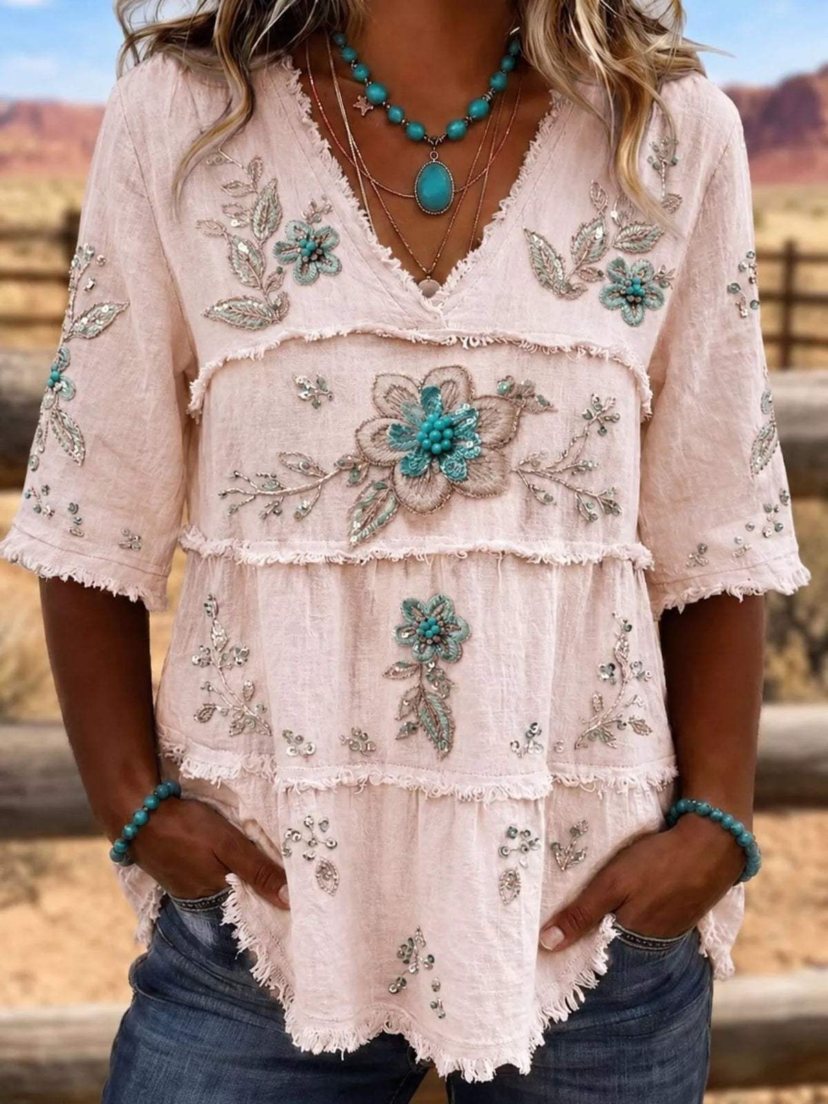 Full Size Floral Raw Hem V-Neck Blouse Plus Size  Shop One Place