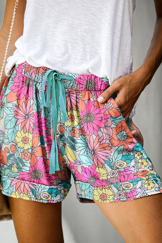 Multicolor Floral Print Elastic Waist Shorts