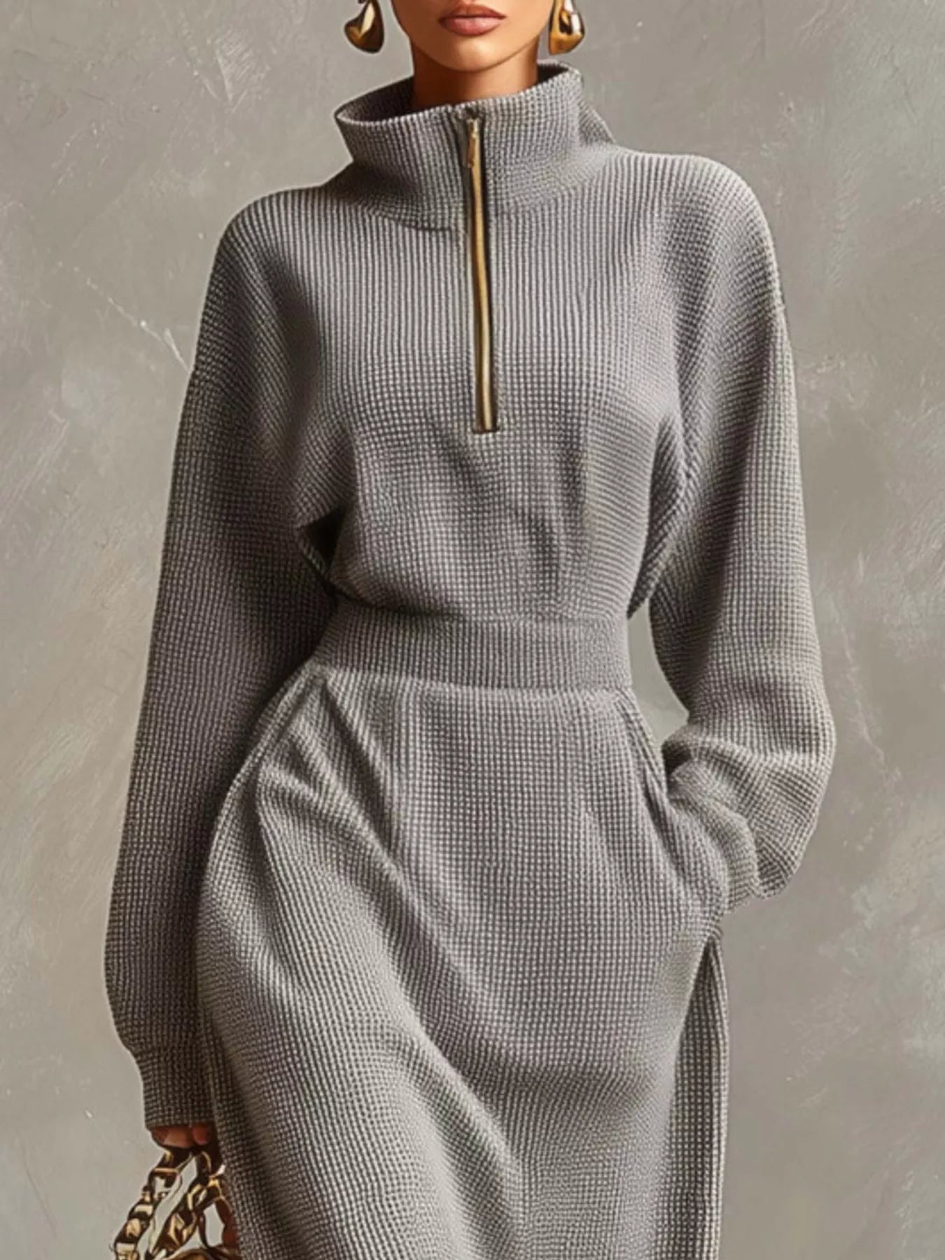 Waffle Knit Quarter-Zip Midi Dress  Shop One Place