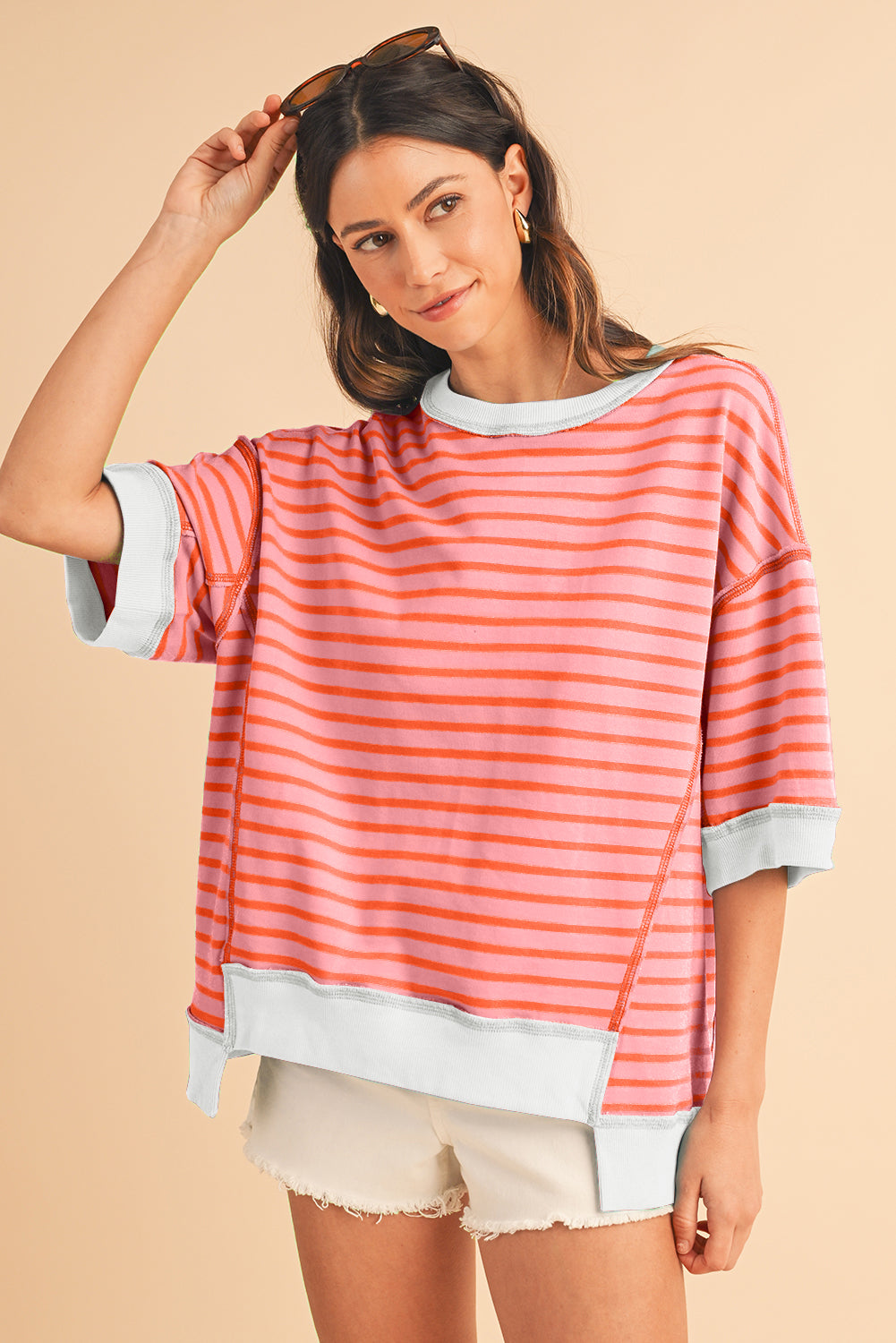 Stripe Colorblock Drop Sleeve Oversized T Shirt