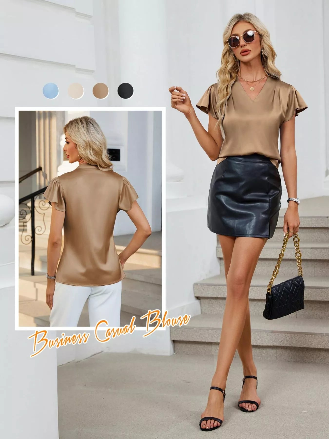 Satin V-Neck Flutter Sleeve Blouse  Shop One Place
