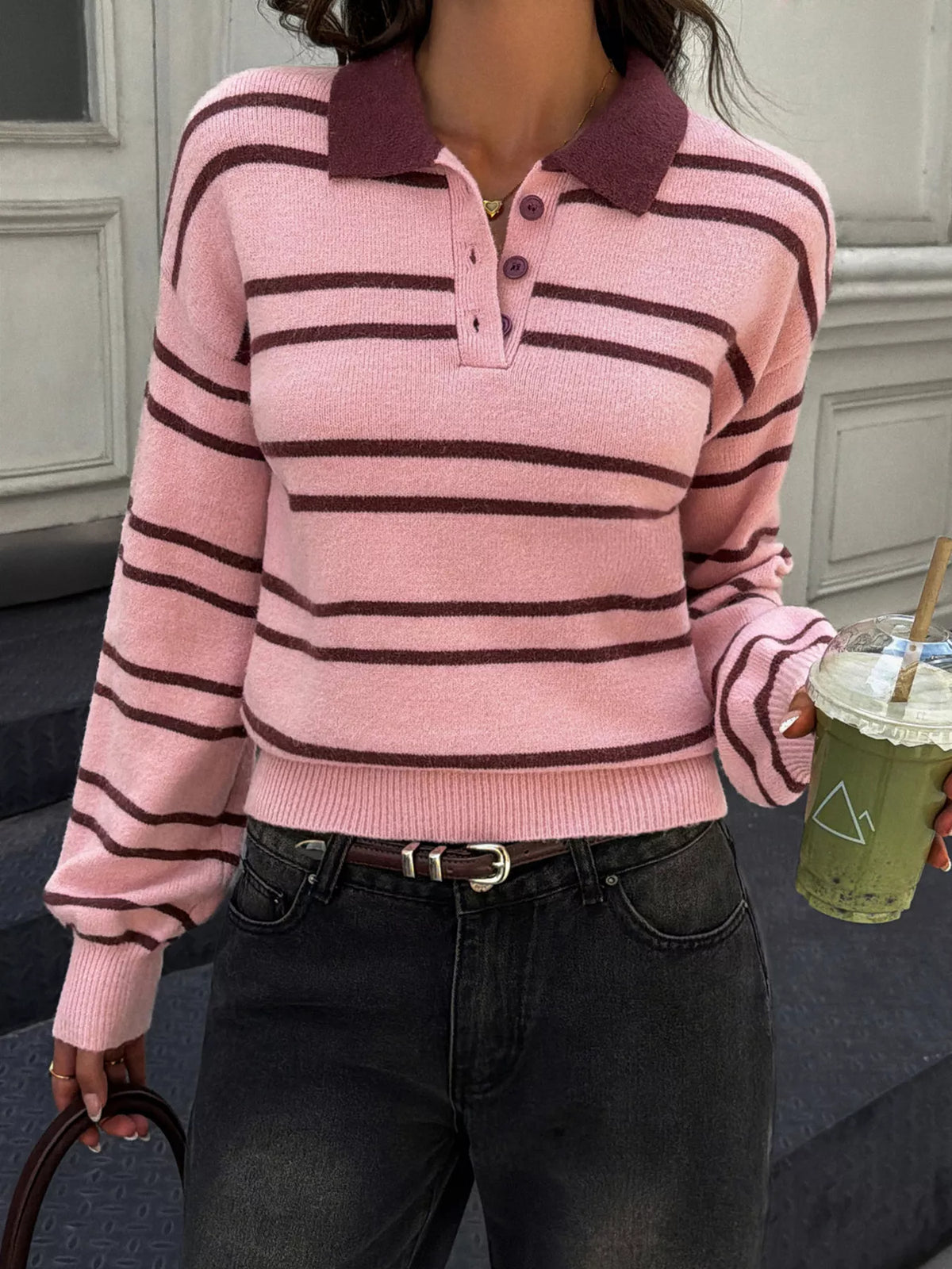 Women's Striped Polo Collar Sweater – view 3