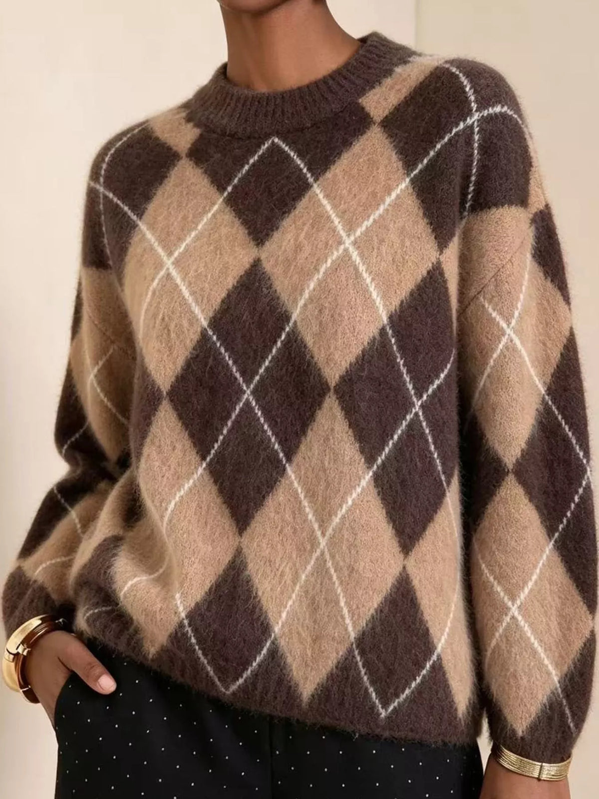 Women's Argyle Fuzzy Knit Sweater – view 8