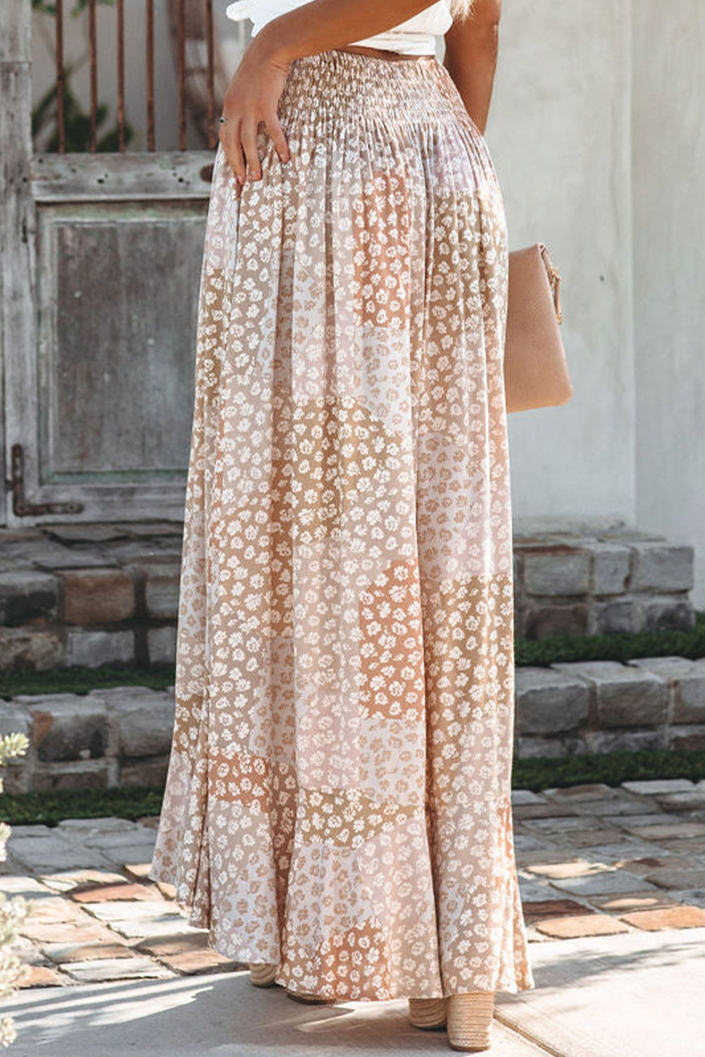 Apricot Boho Flower Print Smocked Waist Button Slit Maxi Skirt