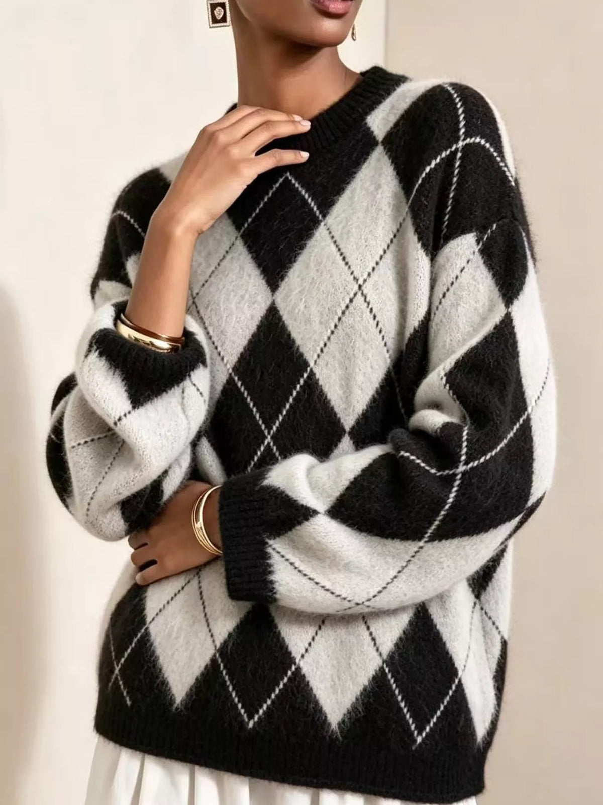 Women's Argyle Fuzzy Knit Sweater – view 18