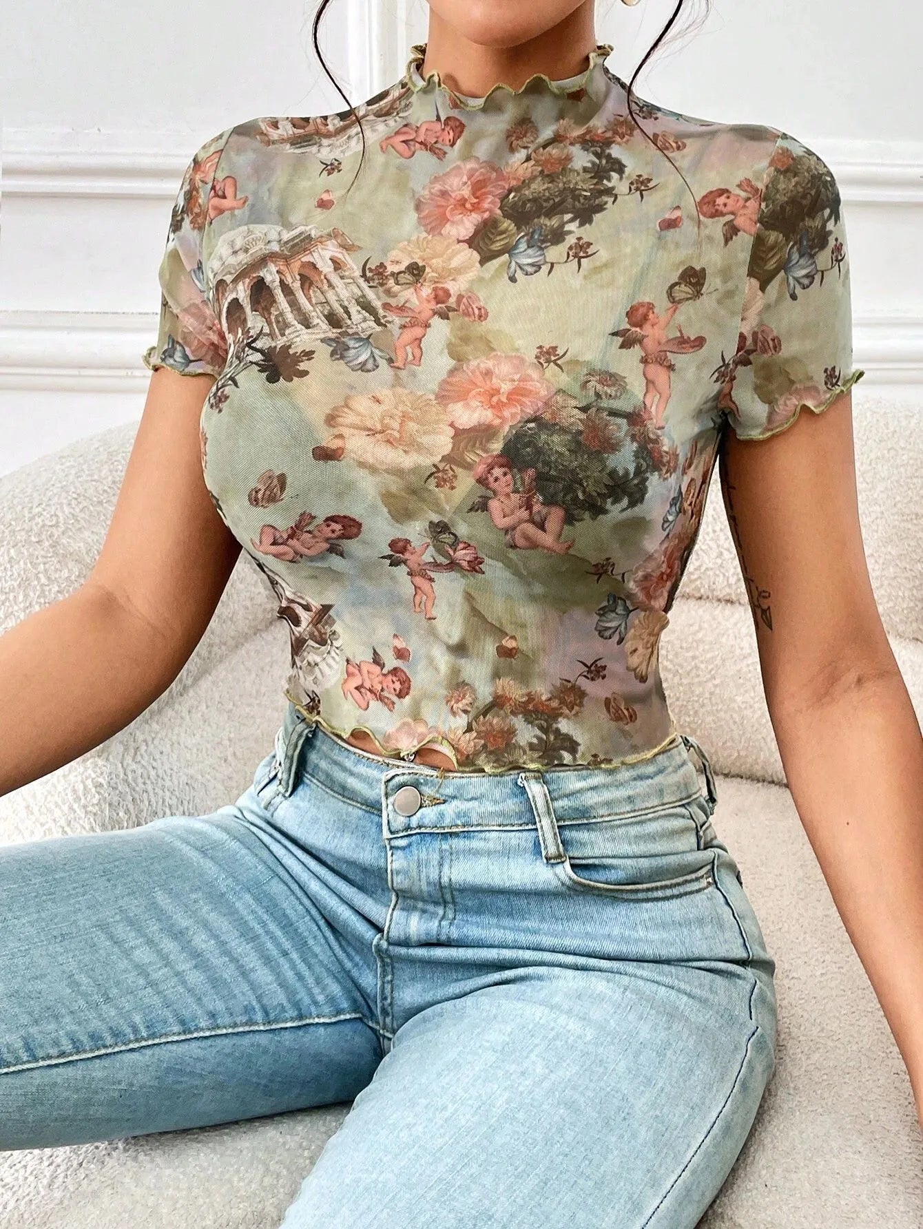 Abstract Print Ruffled Mock Neck Crop T-Shirt  Shop One Place