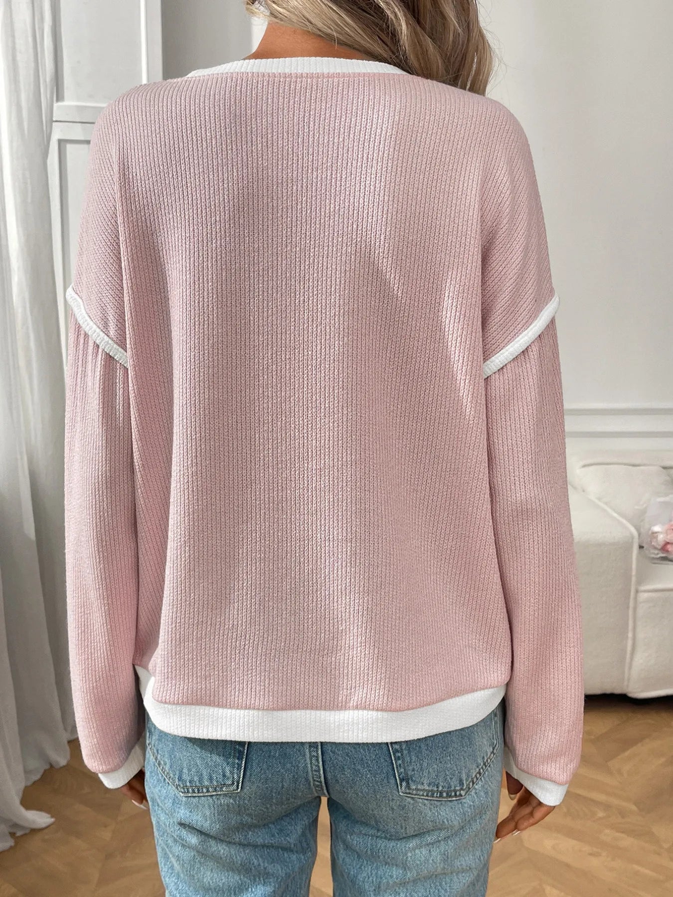 Ribbed Contrast Trim Long Sleeve Top  Shop One Place