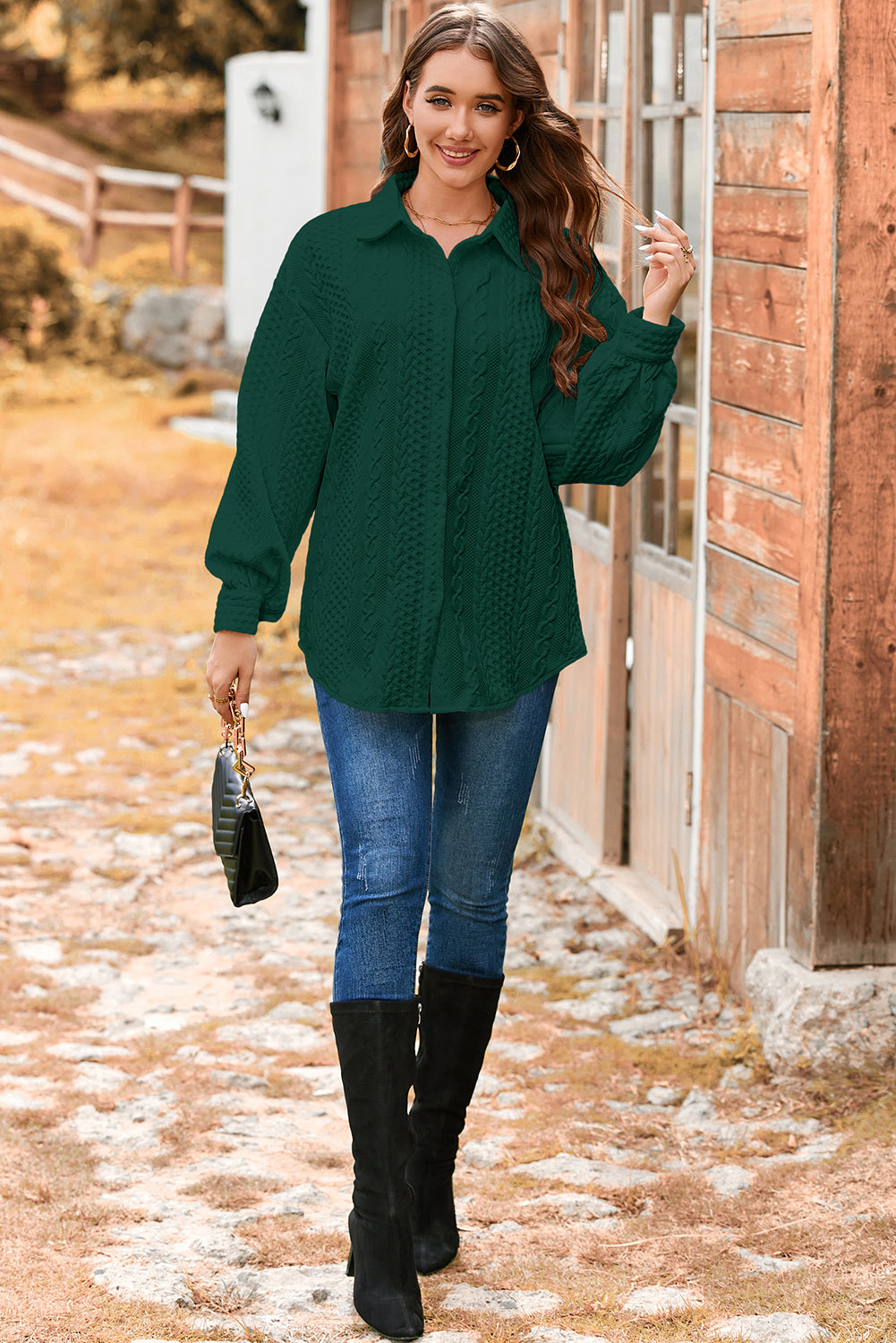 Blackish Green Cable Texture Puff Sleeve Loose Shacket