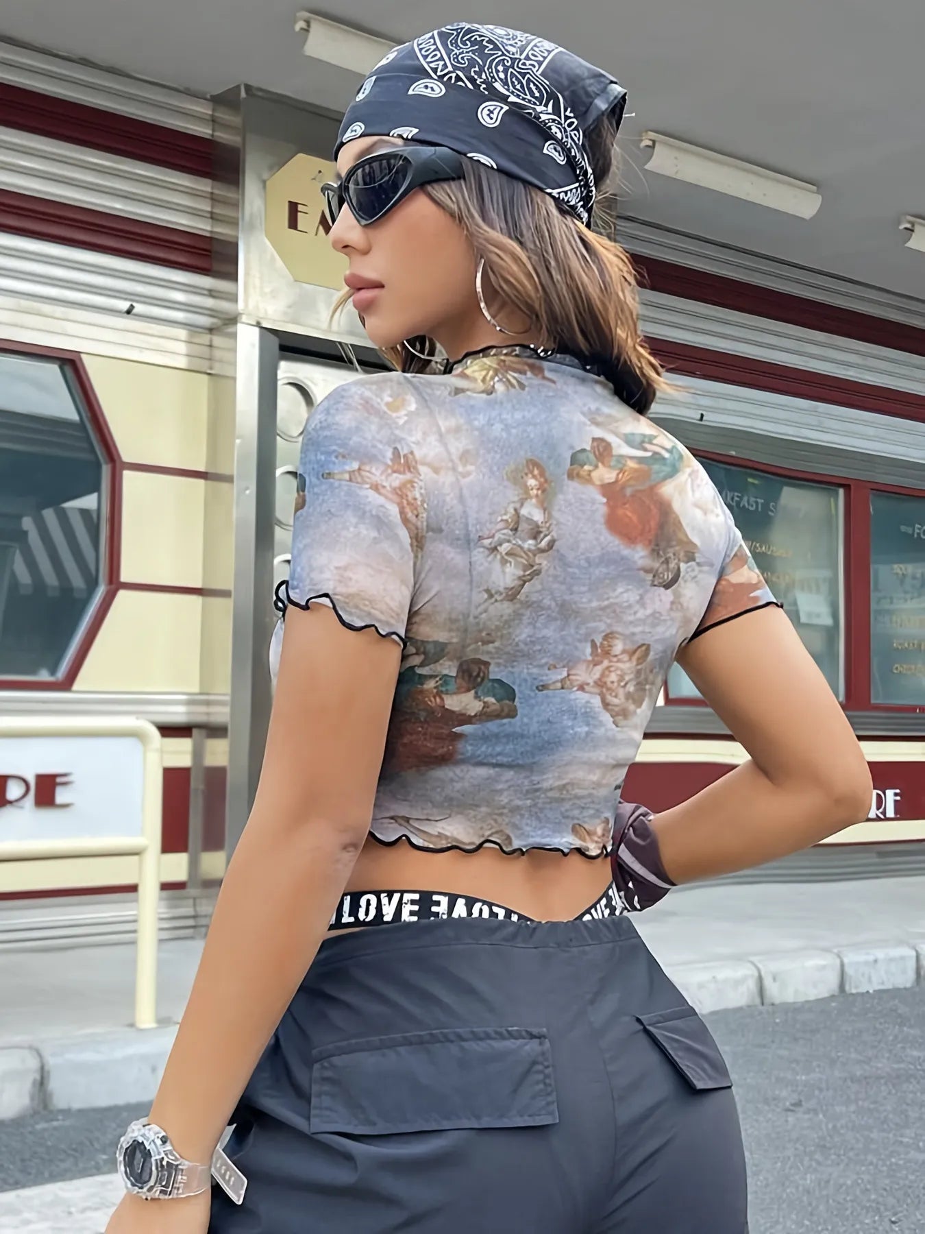 Abstract Print Ruffled Mock Neck Crop T-Shirt  Shop One Place