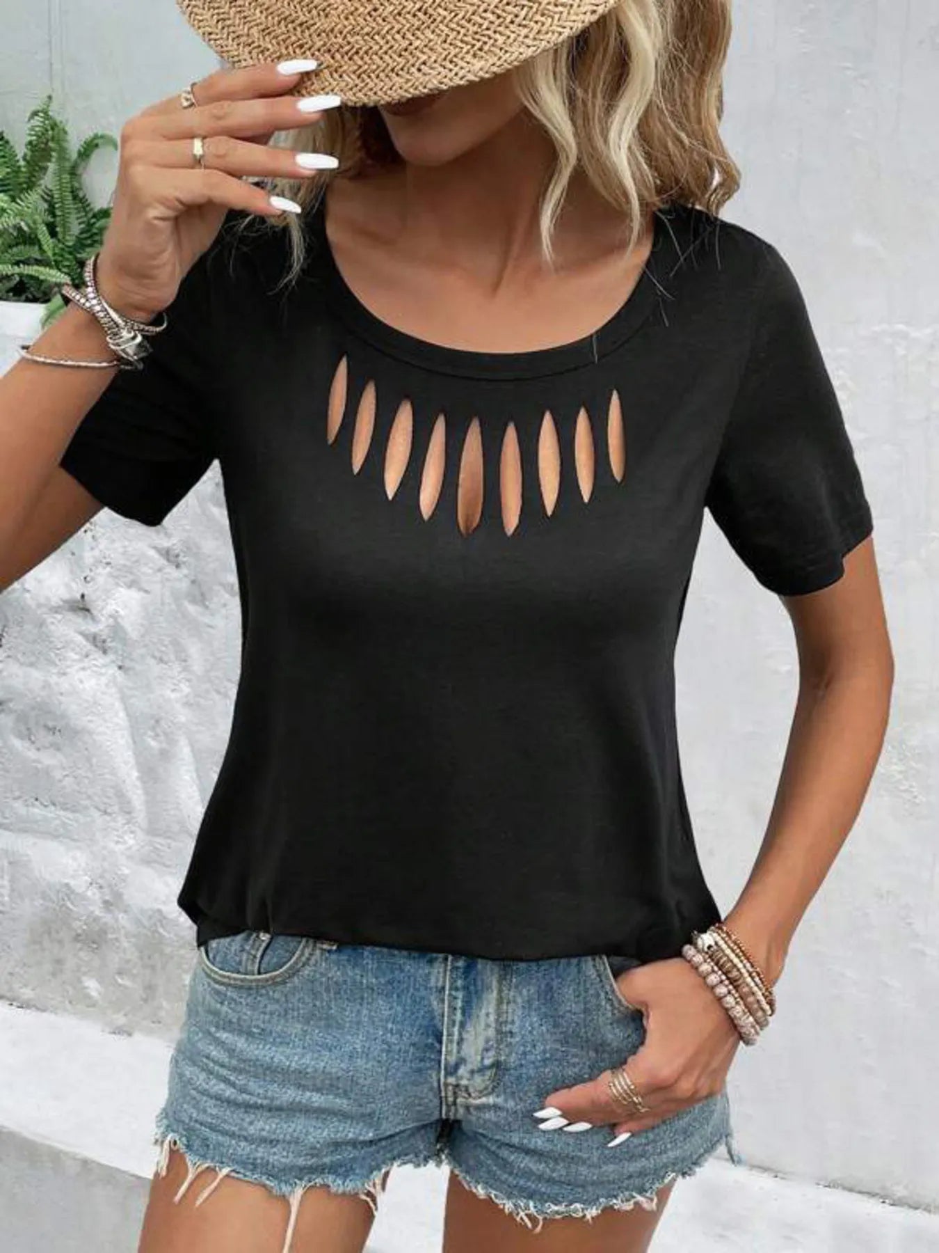 Hollow Out Neckline Short Sleeve T-Shirt  Shop One Place