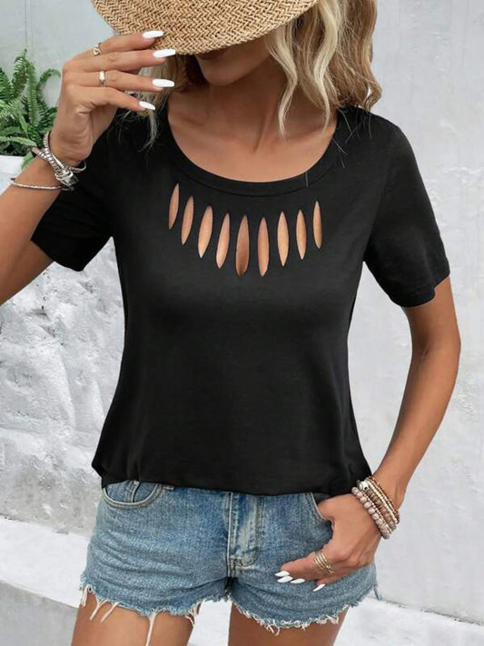Hollow Out Neckline Short Sleeve T-Shirt  Shop One Place