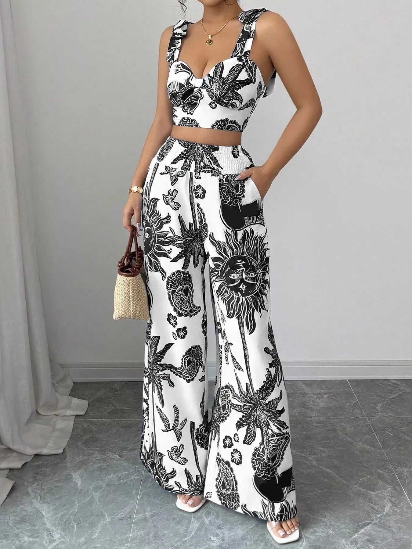Floral Print Smocked Crop Top & Wide-Leg Pants Set – Women’s Two-Piece Outfit  Shop One Place