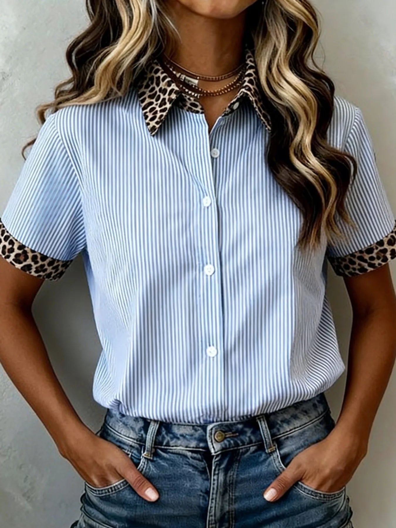 Stripe Leopard Contrast Collar Short Sleeve Shirt  Shop One Place