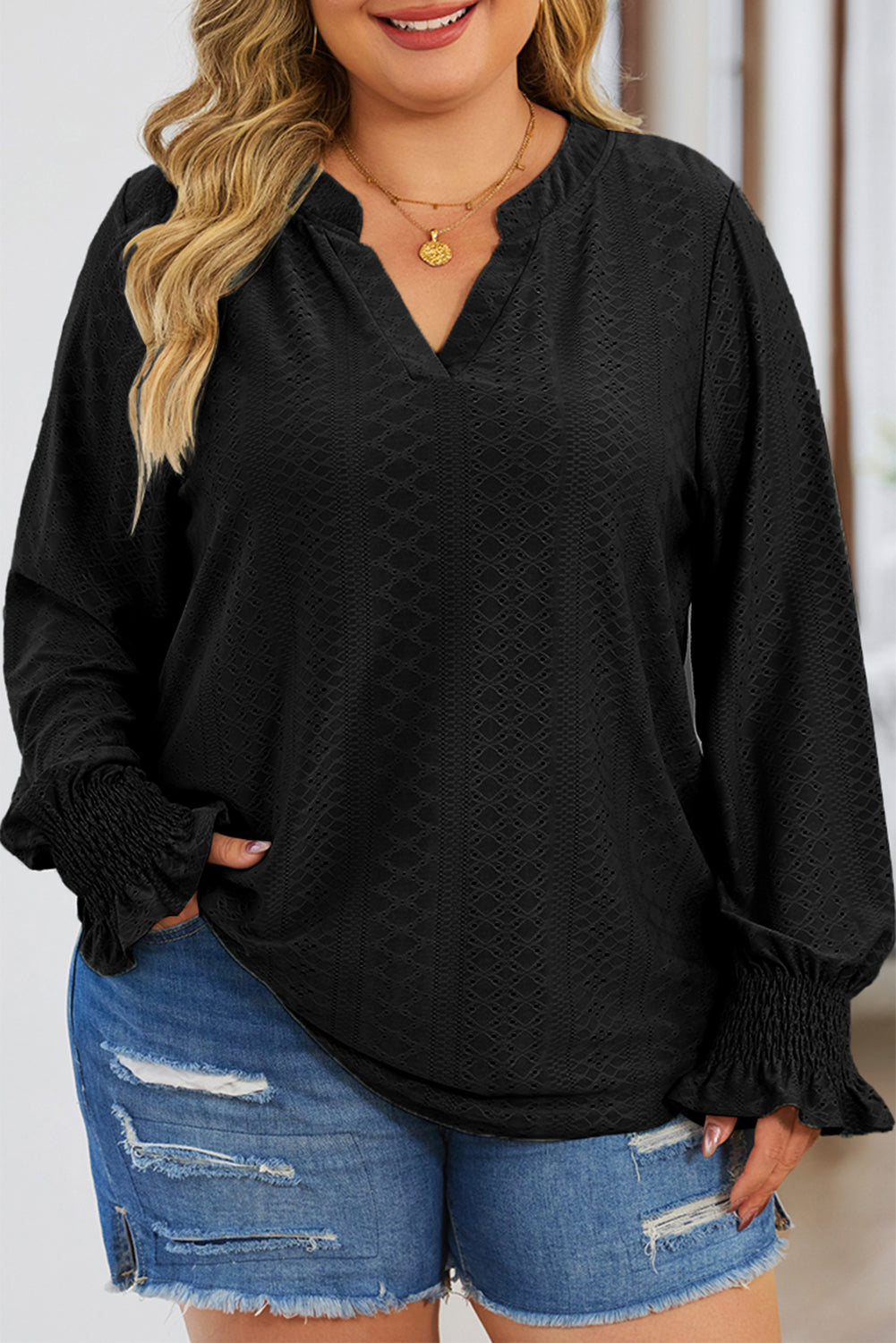 Black Eyelet Jacquard Split Neck Flounce Sleeve Plus Size Blouse