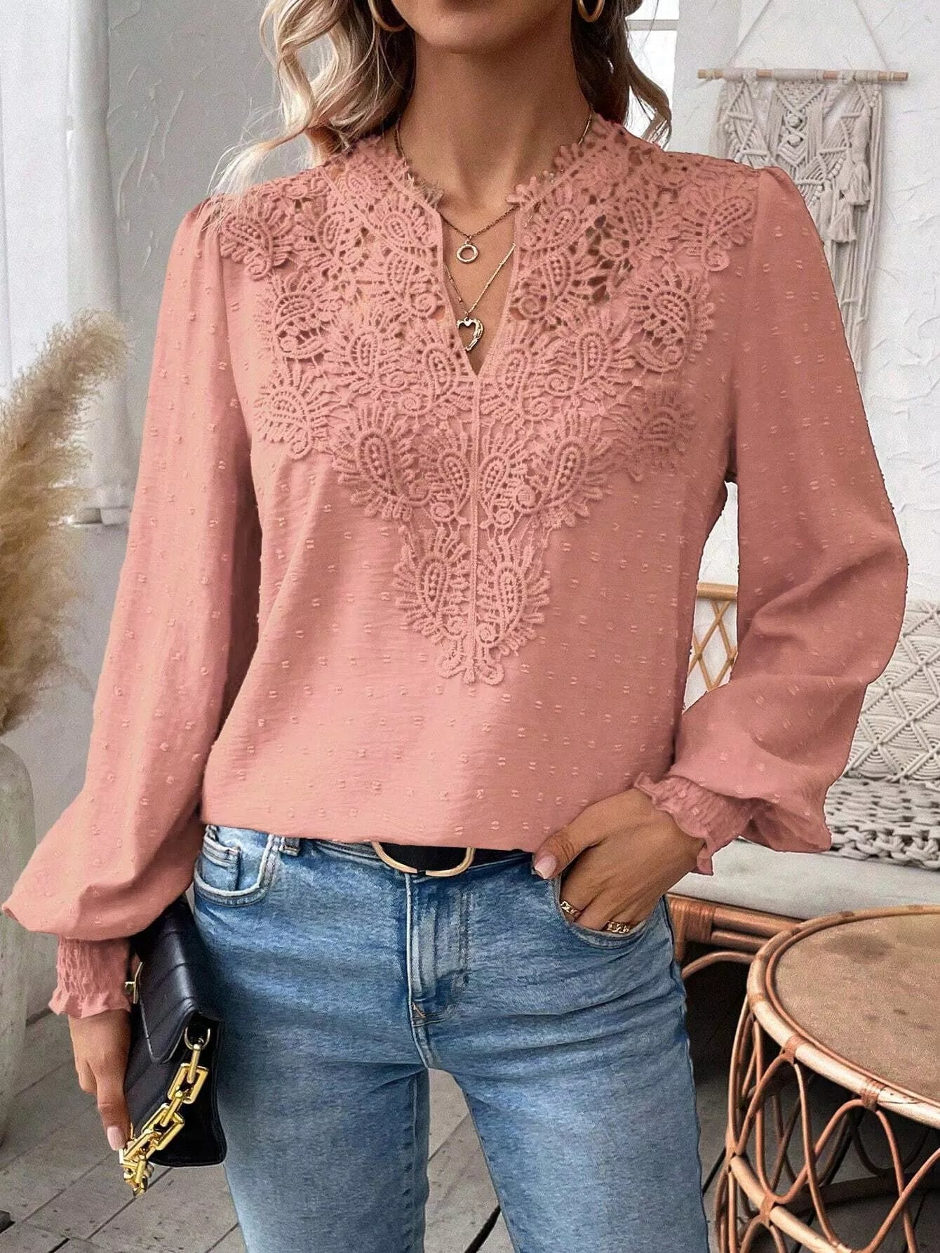 Swiss Dot Lace Detail Long Sleeve Blouse  Shop One Place