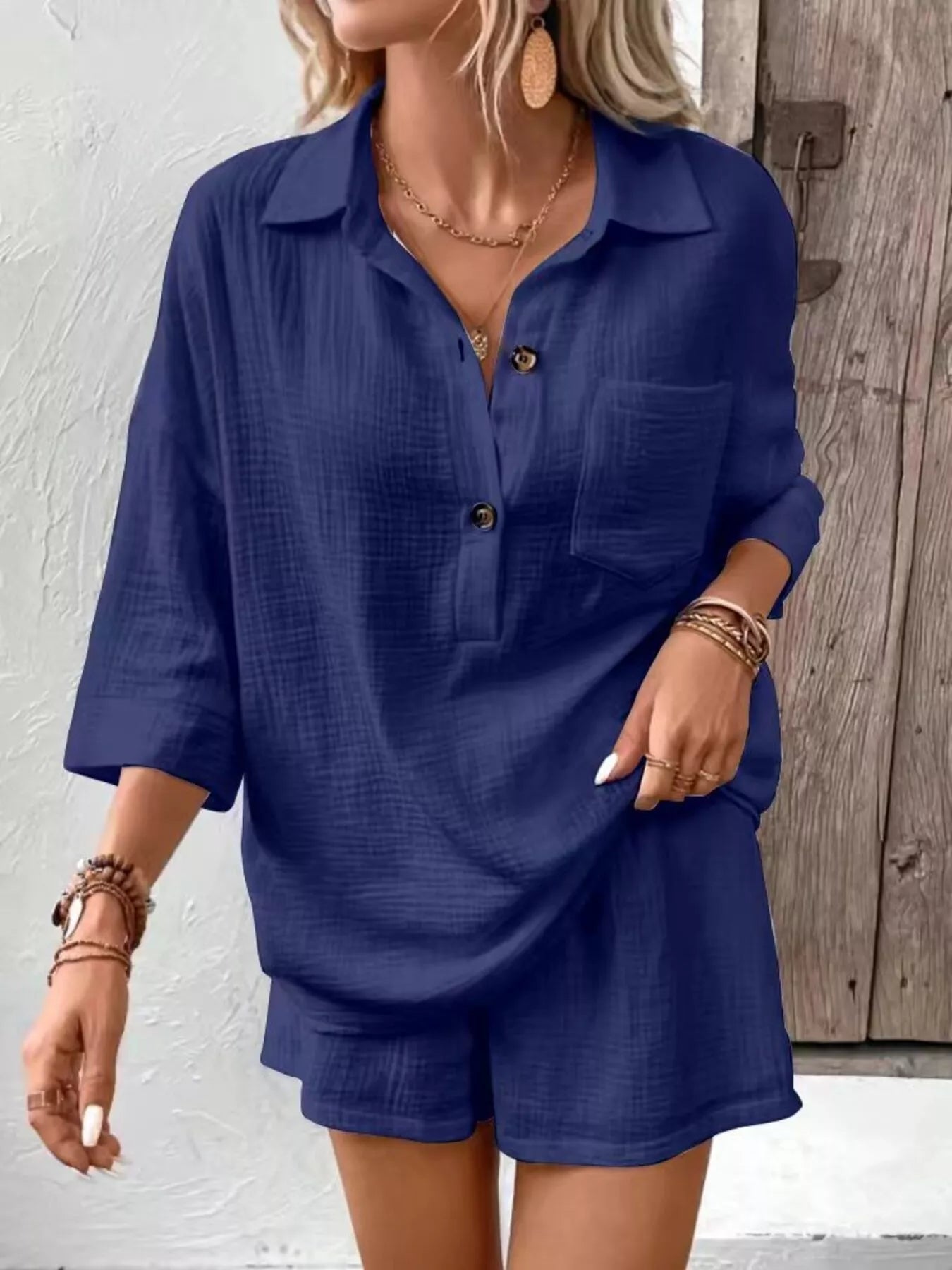 Button Detail Top and Shorts Set  Shop One Place