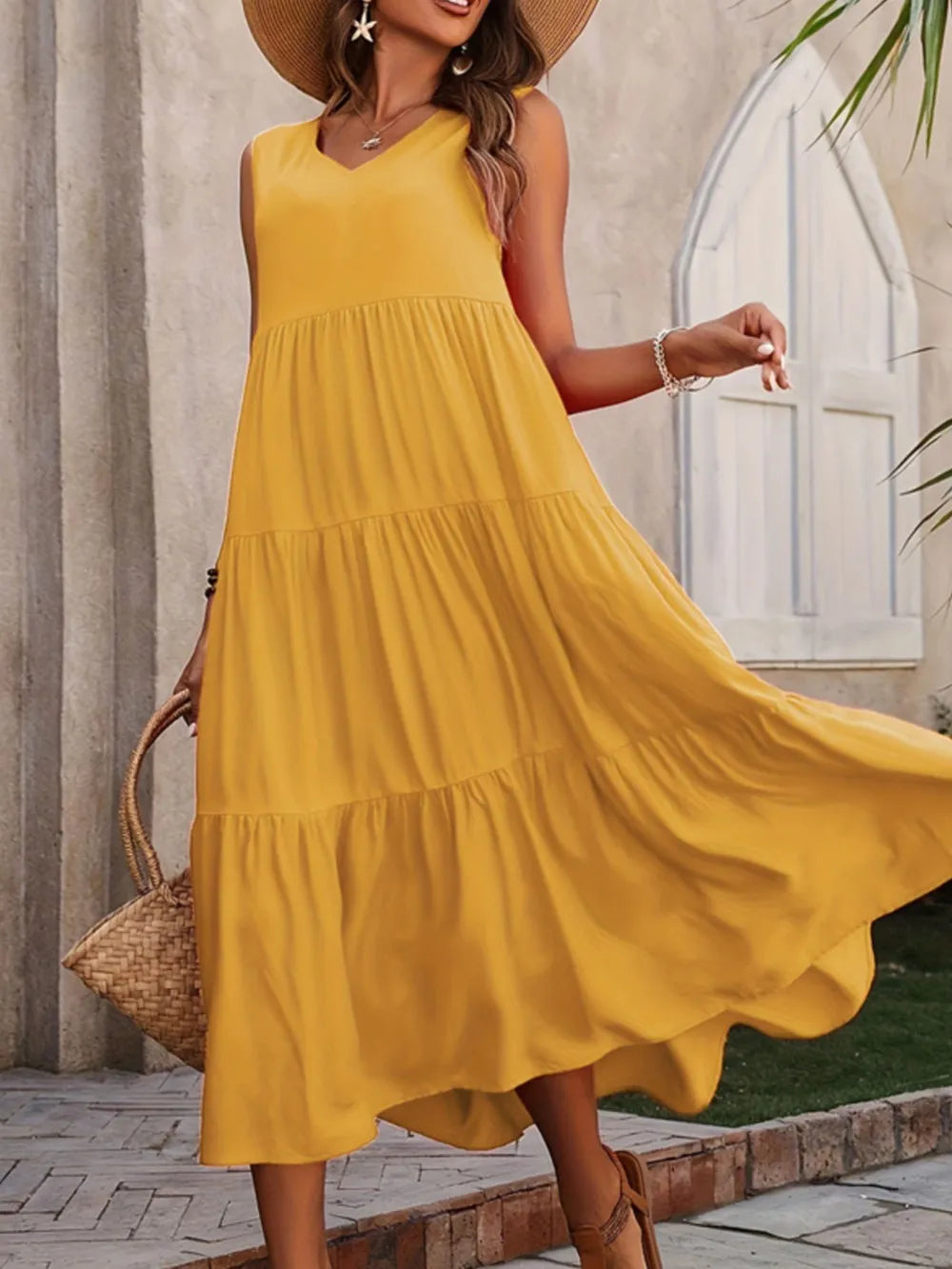 Tiered V-Neck Sleeveless Dress  Shop One Place