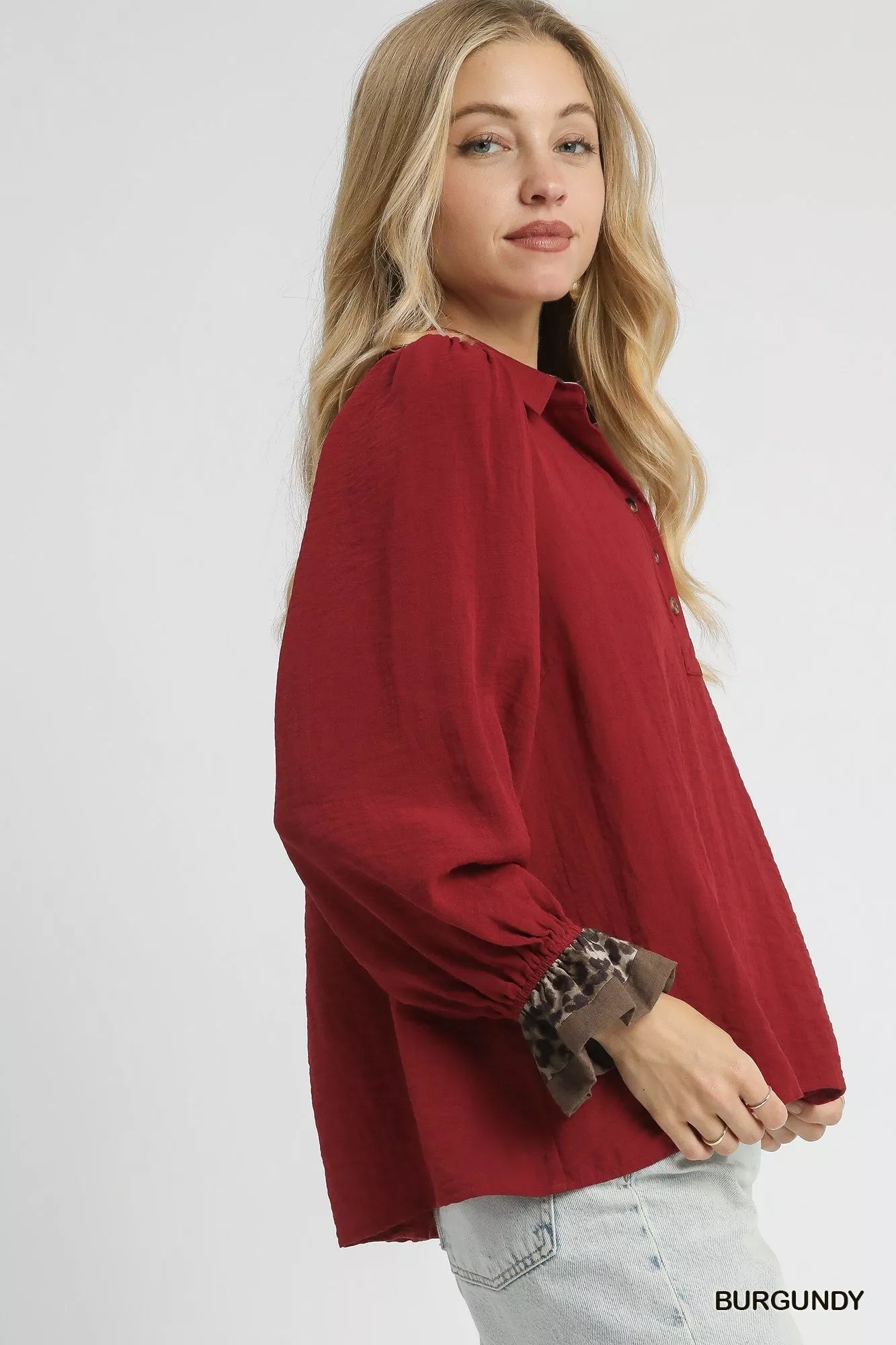 Umgee Half Button Blouse with Leopard Print Trim  Shop One Place
