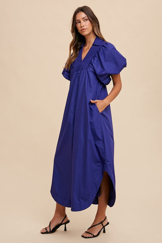 Navy Annie Wear Smocked Puff Sleeve Midi Dress