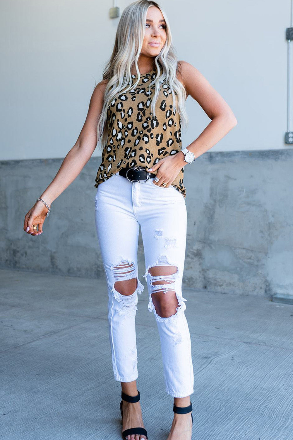 Dark Blue Cheetah Print Crew Neck Tank Top