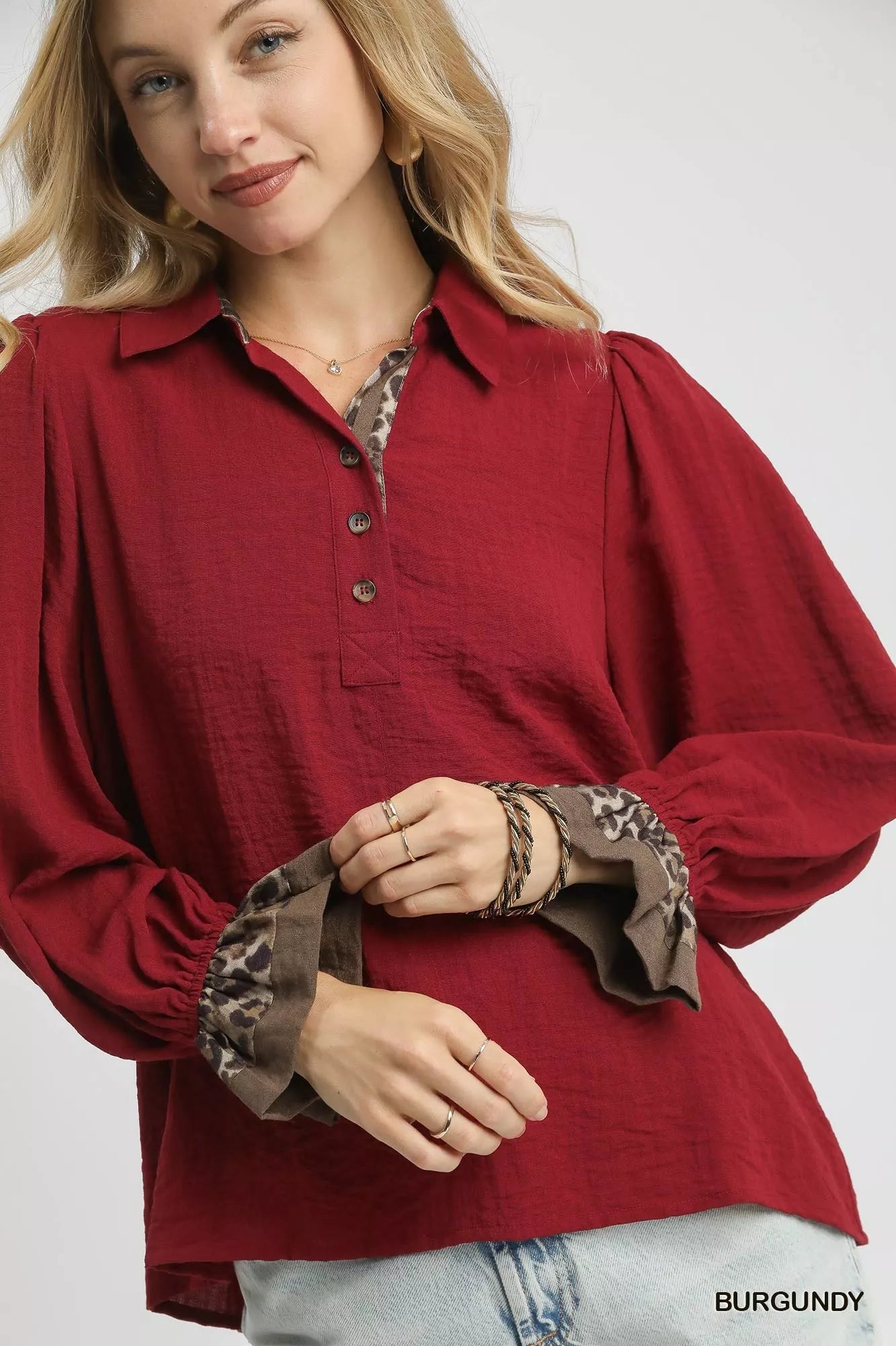Umgee Half Button Blouse with Leopard Print Trim  Shop One Place