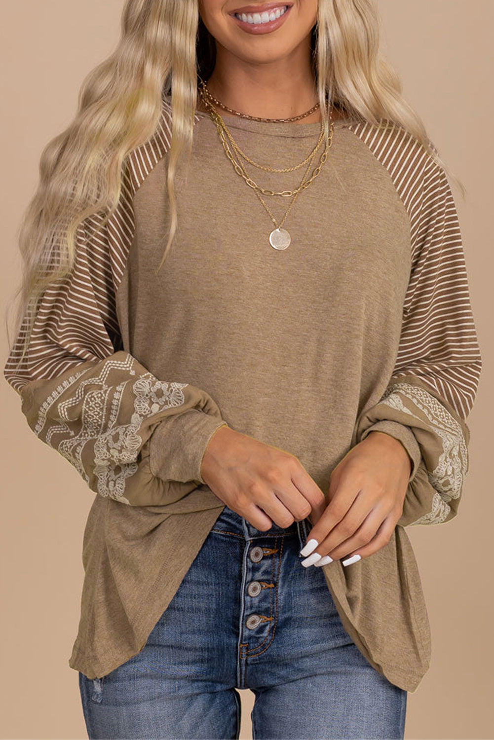 Gray Contrast Print Striped Raglan Long Sleeve Loose Top  Shop One Place