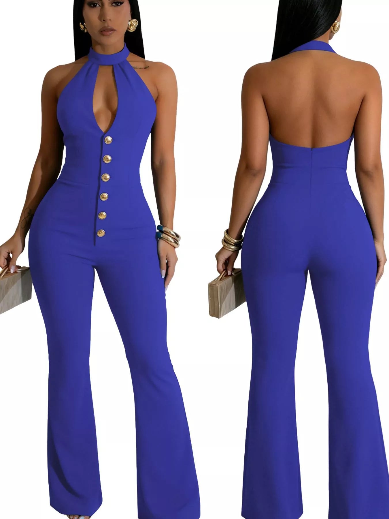 Halter Neck Cut-Out Flare Jumpsuit with Button Detail  Shop One Place