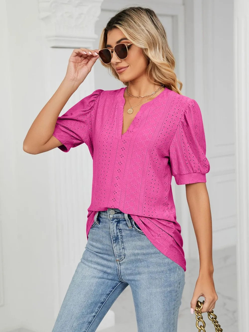 Florira Eyelet Notched Short Sleeve T-Shirt  Shop One Place